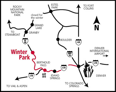 Map of Colorado.  Denver to Winter Park Resort